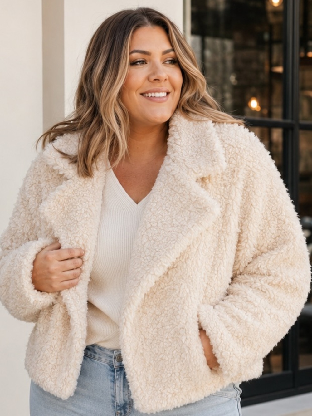 Belle du Jour Cream Teddy Faux Fur Cropped Jacket NWT Large